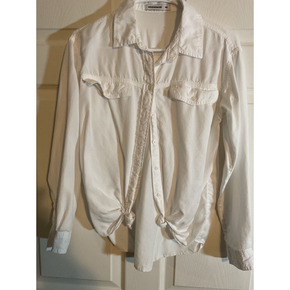 WOOLWORTHS‎ White Tencel Button Up Long Sleeve Shirt Tie Front XS
